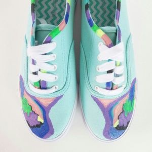 NWOT Abstract Art Hand Painted Tennis Shoes Mint Rainbow